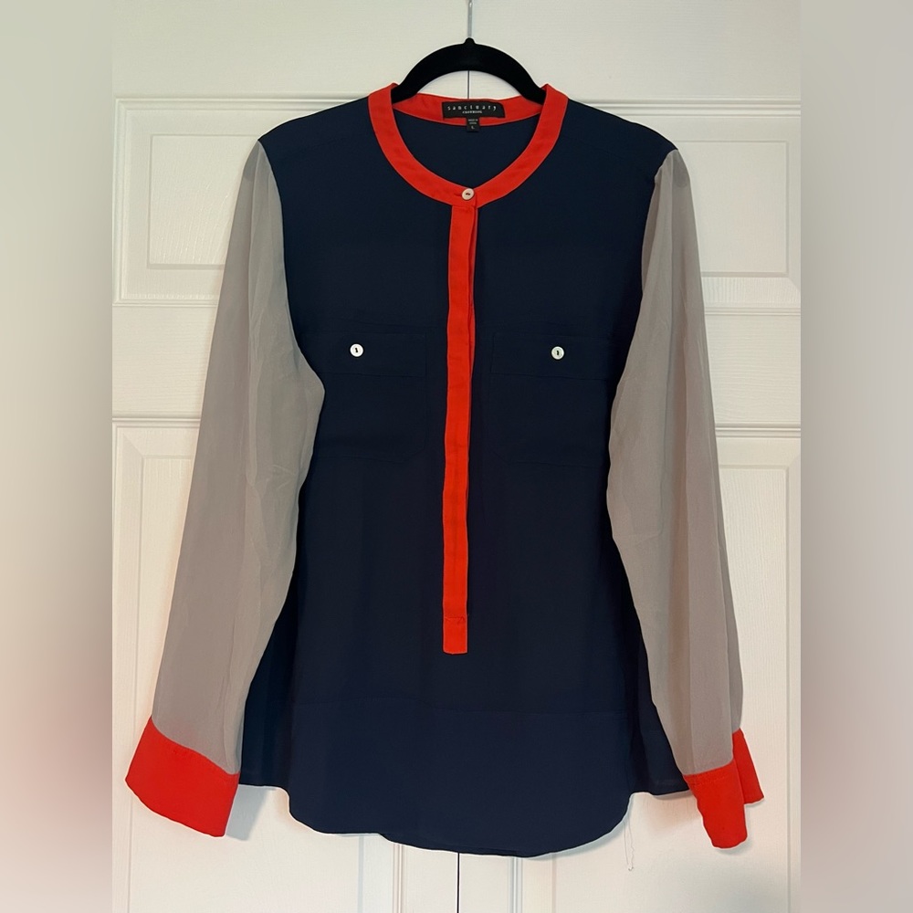 Sanctuary blue/gray/orange sheer long sleeve top